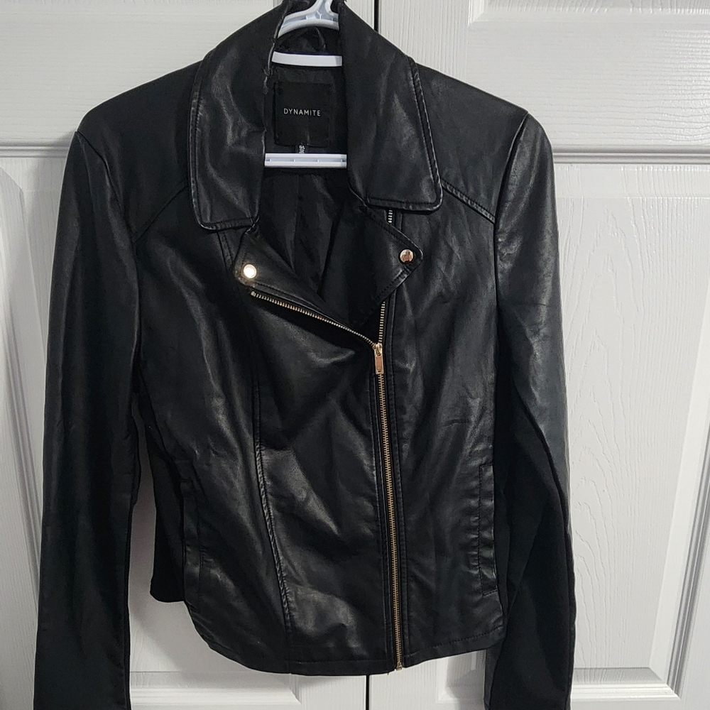 Dynamite Black Leather Jacket with Gold Accents
